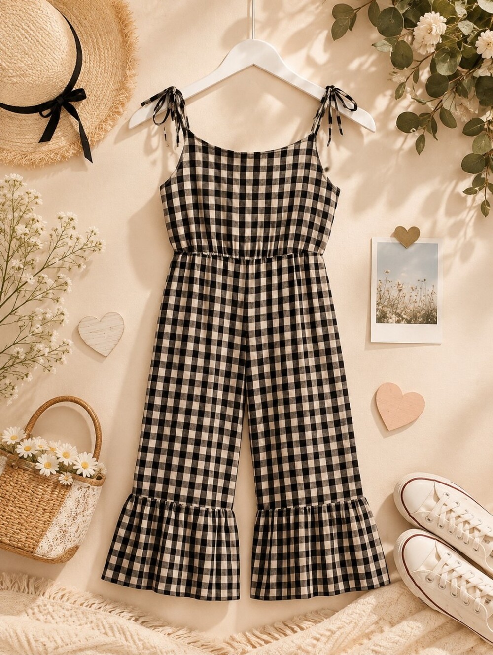 Ruffle Leg Detail And Tie Straps Checkerboard Pantsuit Size 4 5